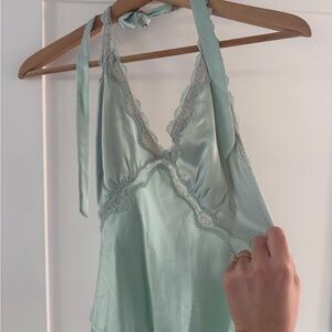 Reformation Monica Silky Mint Lace Trim Halter Top
